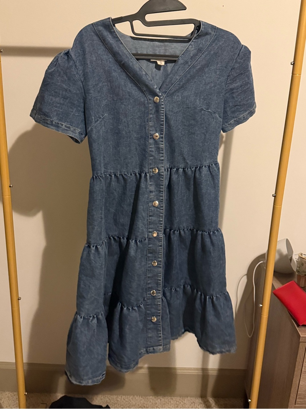 Casual Blue Denim Tiered Button-Front Dress